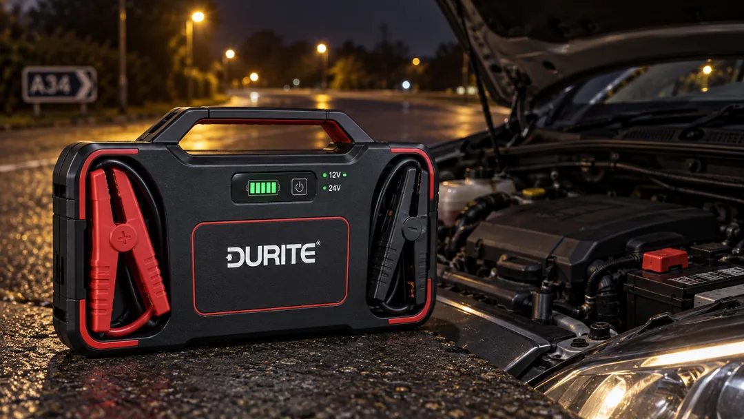 Portable jump starter beside an open car bonnet