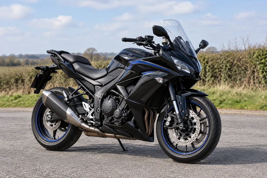 Illustration of a black motorcycle in a roadside layby
