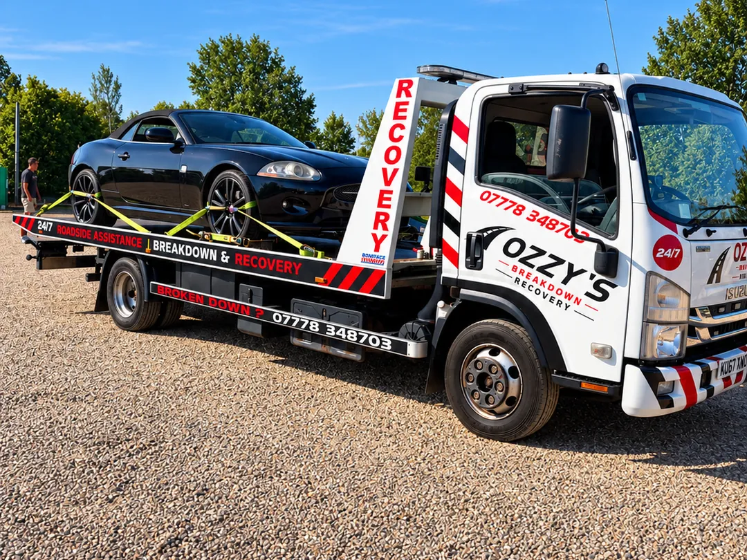 Ozzy’s recovery truck transporting a black sports car