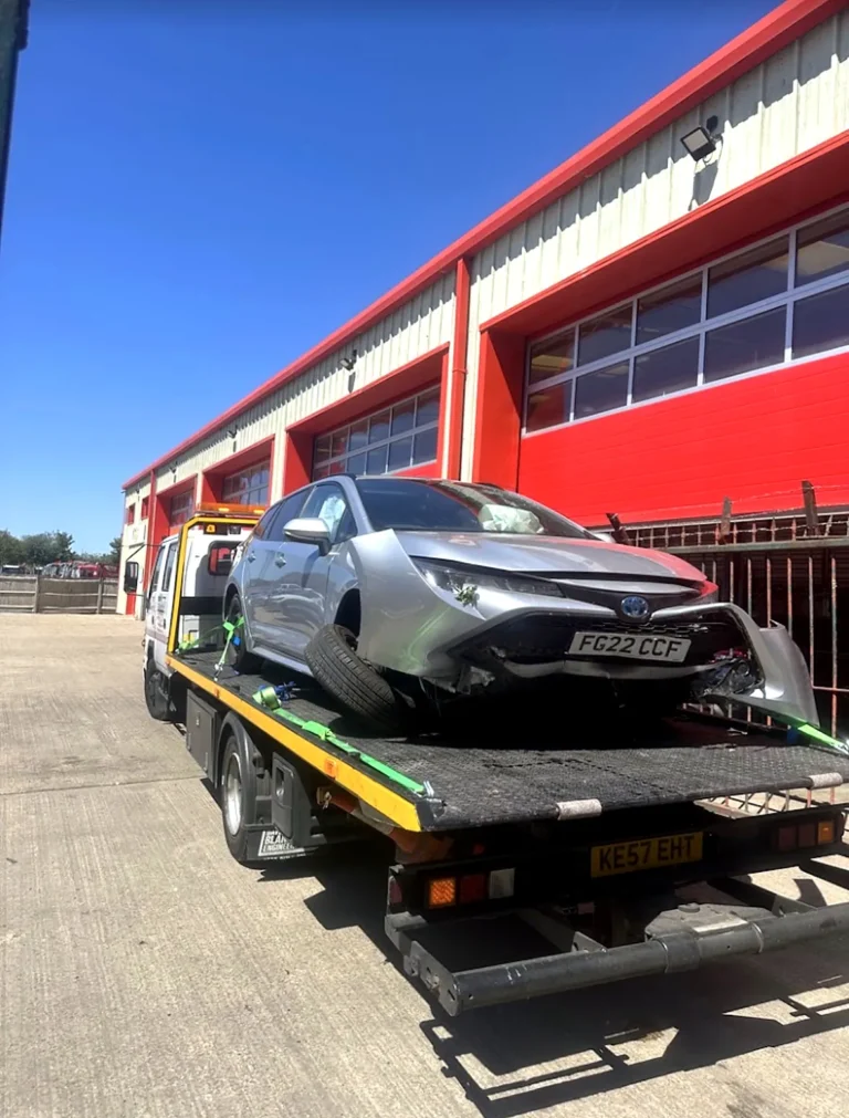 Accident-damaged car on our truck – instant breakdown cover in Sonning by Ozzy’s Breakdown Recovery