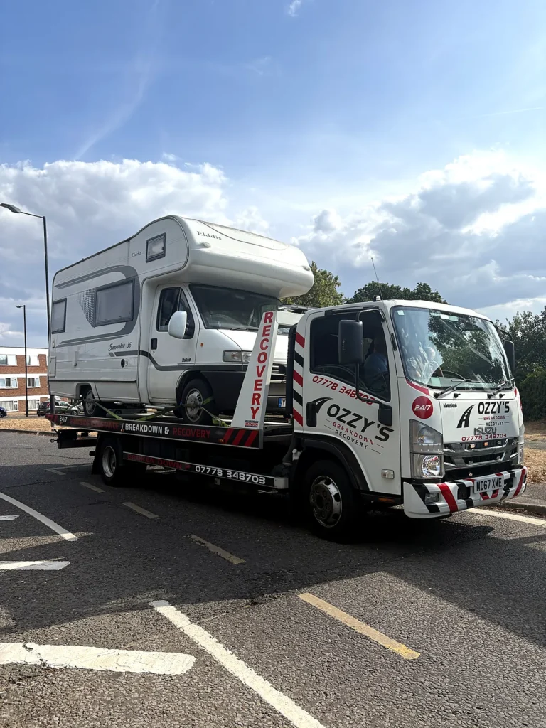 Campervan on our recovery truck – instant breakdown cover in Hook by Ozzy’s Breakdown Recovery